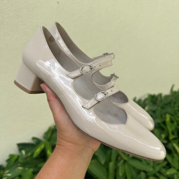 Stuart Weitzman Women's Cream Double Mary Jane Patent Leather Shoes Size 8.5 - Picture 13 of 14